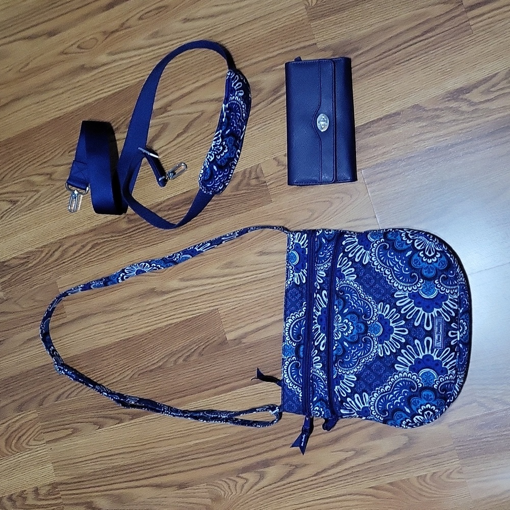 3 piece Blue Tapestry Vera Bradley hipster crossbody purse strap wallet set NWOT